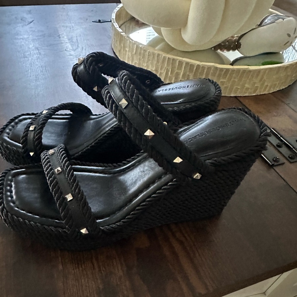 White House Black Market Black Studded Rope Wedge Sandals